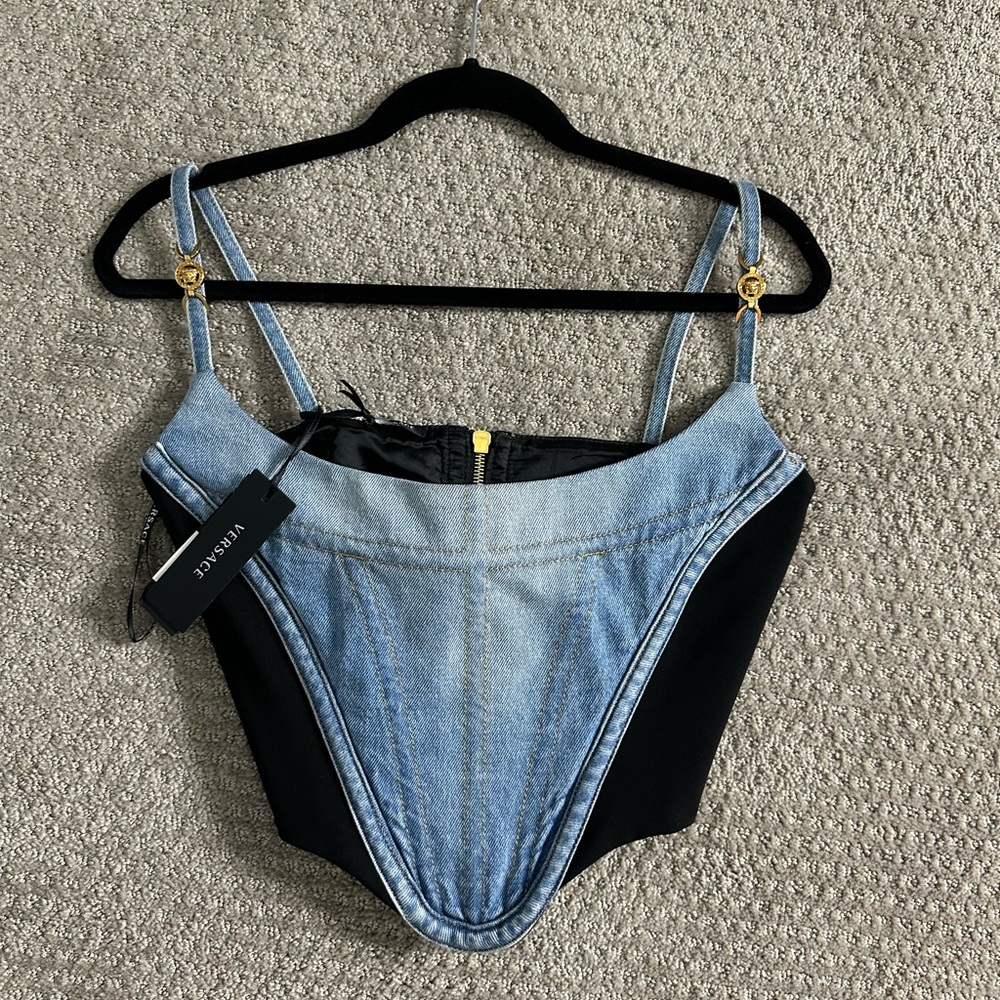 Versace Blue and Black Bustier with Gold Details